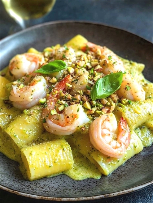 Paccheri deliziosi con crema di pistacchi e gamberi! 🍤