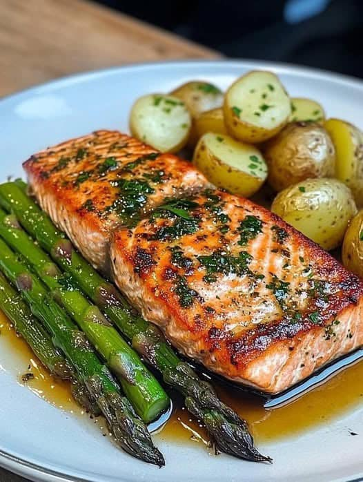 Salmone all’aglio e alle erbe con asparagi e patate