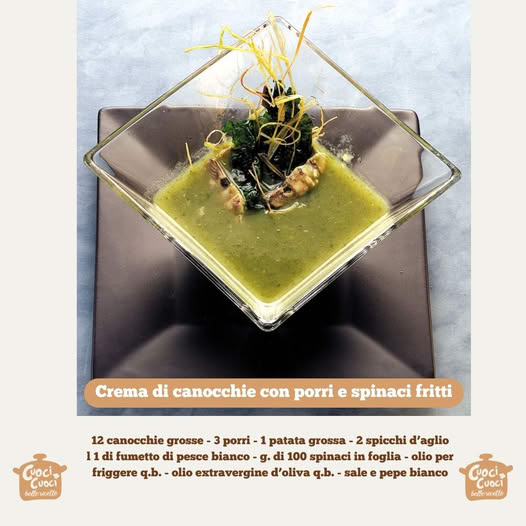 rema di canocchie con porri e spinaci fritti