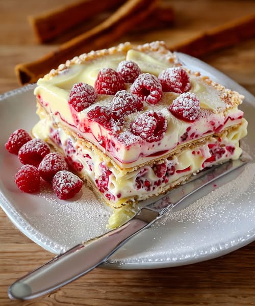 Deliziosa lasagna al cioccolato bianco e lamponi: