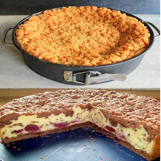 Torta crumble alla ricotta ripiena di ciliegie e vaniglia, metà è già sparita!