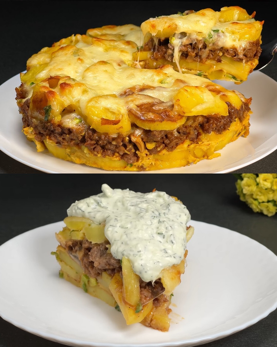 Casseruola di patate al forno e carne con salsa allo yogurt all’aglio