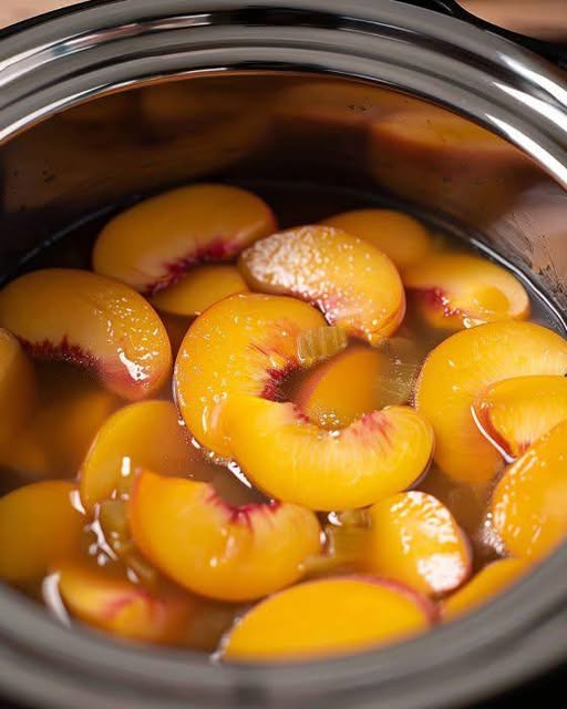 Versa una lattina di pesche in una pentola a cottura lenta per creare un dessert senza tempo che ti piacerà gustare a cucchiaiate