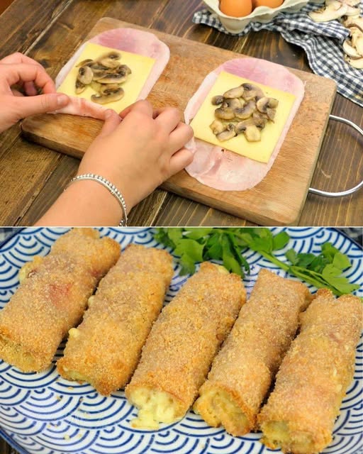 Involtini di prosciutto cotto, formaggio e funghi: rotolini sfiziosi. croccanti e saporiti!
