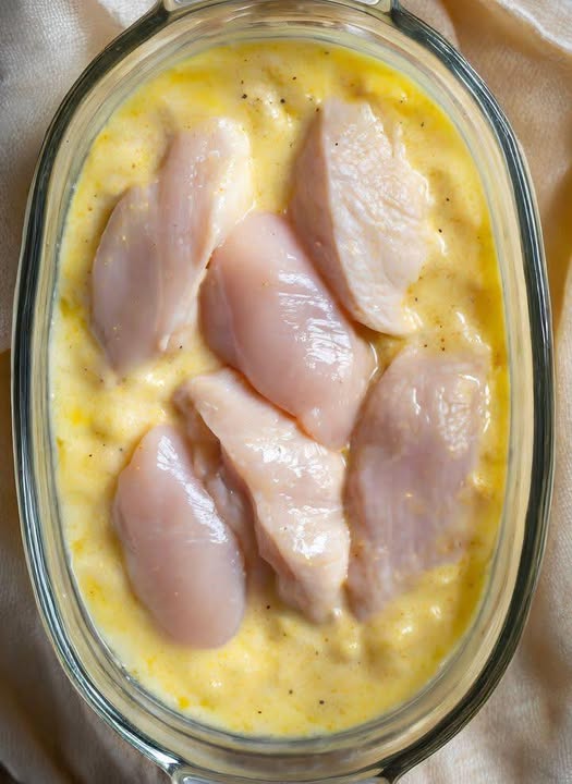 La mamma mette il pollo crudo sopra il composto cremoso in una casseruola e serve una cena deliziosa in pochissimo tempo
